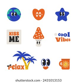 Summer character chat retro groovy mood. Bundle icons with comic quote slogan. Vector decoration drink, fruit and more in trendy 90s