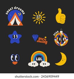 Summer character chat retro groovy mood. Bundle patch and pack with cool quote slogan. Hippie vector labels trendy color 90s
