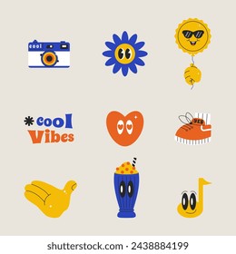 Summer character chat retro groovy mood. Bundle shape and patch with cool quote slogan. Hippie vector set in trendy color 90s