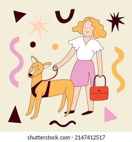 Ilustración vectorial dibujada a mano plana de carácter de verano. Perro y chica, amor a los animales. Respeto por los animales, arnés. Caricatura vectorial encantadora con fondo decorativo.