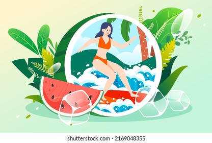 Summer character sits on watermelon and eats watermelon to relieve the heat, with ice cubes and plants in the background, vector illustration