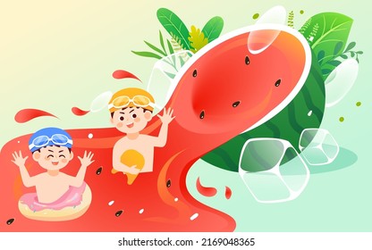 Summer character sits on watermelon and eats watermelon to relieve the heat, with ice cubes and plants in the background, vector illustration