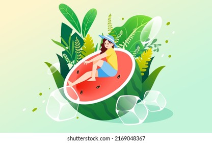 El carácter veraniego se sienta sobre la sandía y come la sandía para aliviar el calor, con cubos de hielo y plantas en el fondo, ilustración vectorial