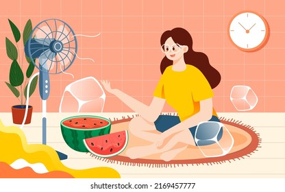 Summer character sitting at home blowing a fan and eating watermelon with living room and plants in the background, vector illustration