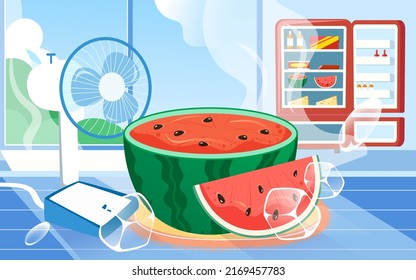 Summer character sitting at home blowing a fan and eating watermelon with living room and plants in the background, vector illustration