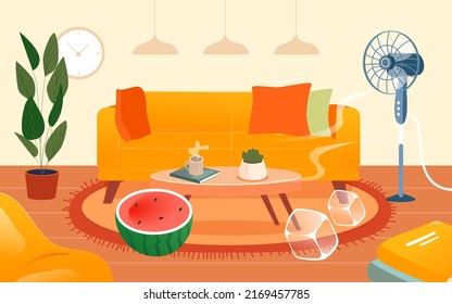 Summer character sitting at home blowing a fan and eating watermelon with living room and plants in the background, vector illustration