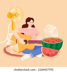Summer character sitting at home blowing a fan and eating watermelon with living room and plants in the background, vector illustration