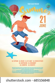 Summer character. Surfing style. Young caucasian man with surfboard. Vector beach illustration