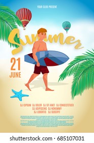 Summer character. Surfing style. Young caucasian man with surfboard. Vector beach illustration
