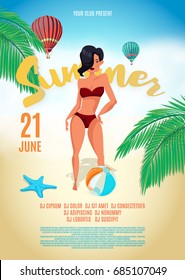 Summer character. Surfing style. Young caucasian woman.