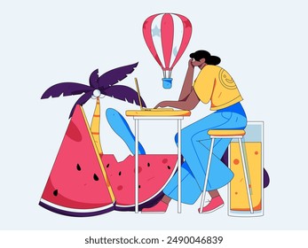 Summer characters daily life scene illustration