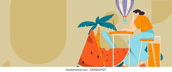 Summer characters daily life scene illustration