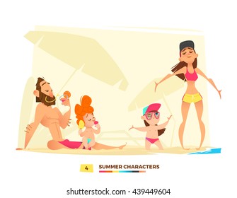 Summer characters. Family time on the beach. Happy moment