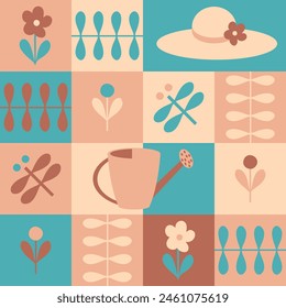 Summer checkered geometric seamless pattern with water cans and straw hats. Floral print for paper, textile and fabric. Hand drawn vector illustration for decor and design.

