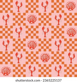 Summer Checkered with Lobster colorful Groovy mood Seamless Pattern Vector Illustration, Design for fashion , fabric, textile, wallpaper , wrapping and all prints 