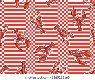 Summer Checkered with Lobster colorful Groovy mood Seamless Pattern Vector Illustration, Design for fashion , fabric, textile, wallpaper , wrapping and all prints 