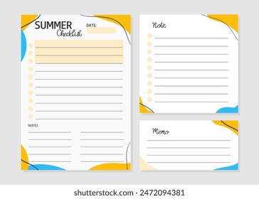 Summer checklist, note and memo template in sunny colors. Set of paper sheets. Vector illustration for agenda, planners, checklists, notebooks and other stationery. Layout A5