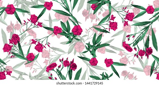 Summer cheerful floral seamless pattern wallpaper- adelfa hot pink and green flowers over light white background - Vector
