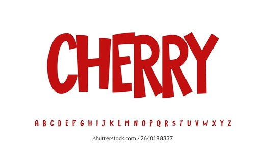 Summer Cherry drupe, joyful lettering, cartoon funny typography. Childish font for friendly logo headline of culinary recipe book, sweets, ice cream title. Food typographic design. Vector typeset.