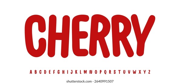 Summer Cherry drupe, joyful lettering, cartoon rounded typography. Childish font for friendly logo headline of culinary recipe book, sweets, ice cream title. Food typographic design. Vector typeset.