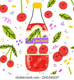 Summer cherry lemonade seamless pattern. Soft drinks in glass with soda and lemonade. Doodle cherry and abstract elements. Kawaii illustration. Childish style for printing fabrics, wallpaper, menu