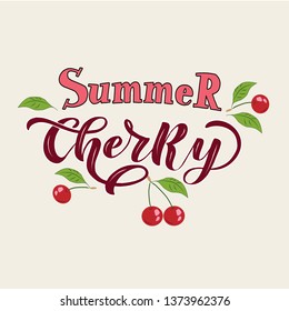 Summer Cherry. Lettering typography poster on textured background. Handdrawn cherries and leaves. Summer banner, logo, badge.