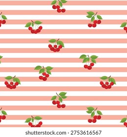 Summer Cherry Stripe Seamless Pattern with Red Fruit and Retro Picnic Aesthetic