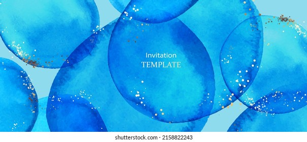 Summer chic, elegant background with blue watercolor citcles, ovals. Golden line art, shiny splatters, dots. Abstract art design with place for text.