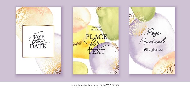 Summer chic, elegant backgrounds with colorful watercolor citcles, ovals. Golden  shiny splatters, dots. Abstract art design with place for text.