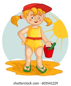 Summer child on the beach is standing on the sand with a bucket and a scoop of a nursery