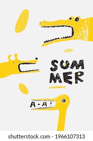 Summer child typographic grunge vintage poster design with cartoon heads of dog, stork, crocodile. Funny stylized animals. Retro vector illustration.