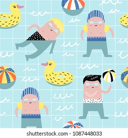 Summer Childish Seamless Pattern with Cute Boys in Swimming Pool. Creative Kids Background for Fabric, Textile, Wallpaper, Wrapping Paper. Vector illustration