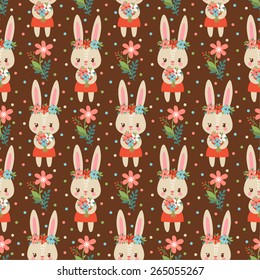 Summer childish seamless pattern with cute rabbits holding flowers. Baby background in vector with bunnies.