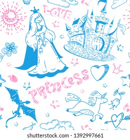 Summer childish seamless pattern with doodle castle, unicorns, flowers, princess, hearts, dragons and cheerful text. Cute Vector illustration for wrapping paper, fabric design, apparel print, party 