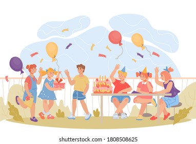 Summer children birthday backyard party scene with cartoon characters of happy kids.Suburb neighborhood joint birthday celebration and children party, flat vector illustration isolated.