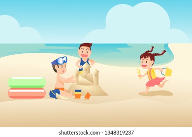 Summer children building sand castle on the beach.