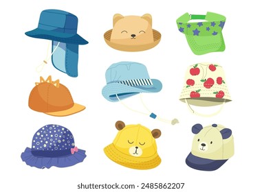 Summer children hat with cute design, colorful patter and funny animal shape isolated set on white