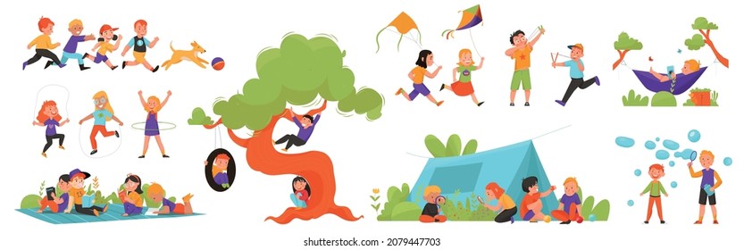 Niños de verano jugando a la actividad de color ícono juego niños jugar con un perro kite leer libros trepar árboles relajarse y divertirse ilustración vectorial