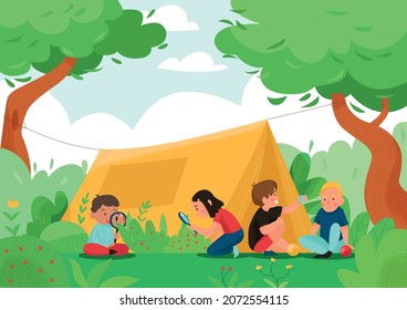 Summer children playing activity tent composition children looking for and looking at berries in the woods vector illustration