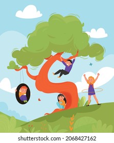 Summer children playing activity tree composition children play in the park riding a car tire on tree climbing a tree and sitting under it in the shade vector illustration