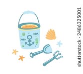 Summer childrens beach activities set. Castle bucket, spade, shovel. Childrens vector illustration.
