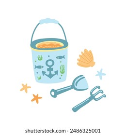 Conjunto de actividades de playa para niños. Cubo del castillo, pala, pala. Ilustración vectorial infantil.