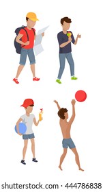 Summer children's camp concept. Set vector illustrations boys summer characters. Child figures in flat design. Kid hiking, playing with ball, eating ice-cream, drinking cold juice.