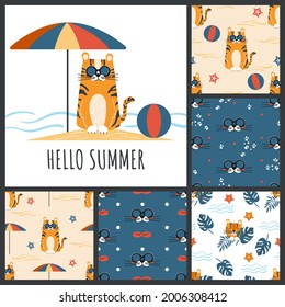 Summer children's set with postcard and seamless patterns. Cute orange tiger on vacation on the beach by the sea. Cartoon vector illustration for baby shower, room and other decoration