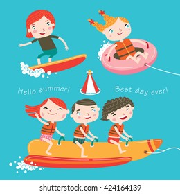 Summer child's outdoor activities. Beach holiday. Happy childhood. Vector set on a blue background. Happy boys and girls on the sea.