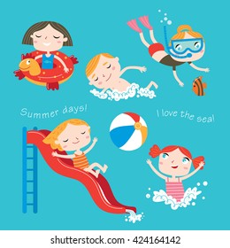 Summer child's outdoor activities. Beach holiday. Happy childhood. Vector set on a blue background. Happy boys and girls on the sea.