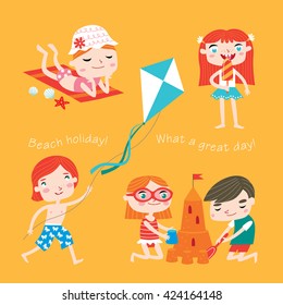 Summer child's outdoor activities. Beach holiday. Happy childhood. Vector set on a yellow background. Boys and girls take a tan, eat ice-cream, make sandcastle and fly a kite.