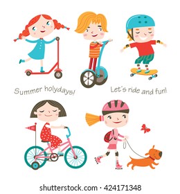 Summer child's outdoor activities. Happy childhood. Vector set on a white background. Boys and girls skating, rinking and ride kick scooter and bike.