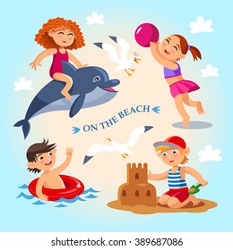  summer child's outdoor activities on the beach. Happy childhood. Vector set on a blue background in cartoon style