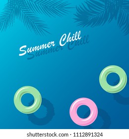 Summer chill water pool template, with tropical leaves and green and pink swimming rings